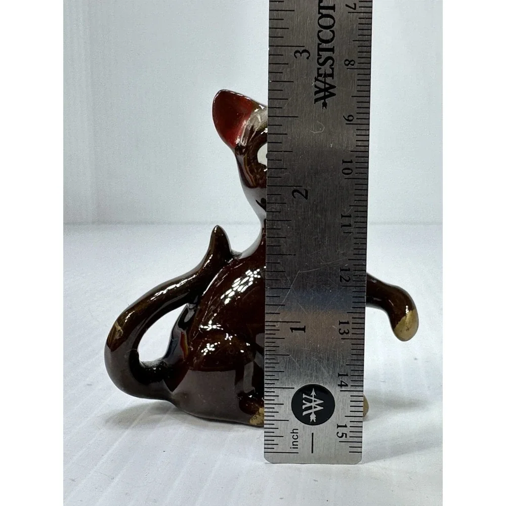 Vintage Redware Japan Kitten Cat Figurine Red Ears Brown Glazed Trinket MCM